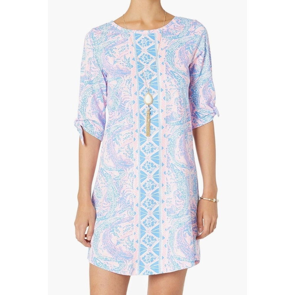 Lilly Pulitzer Preston‎ Dress XS Coastal Blue Maybe Gator UPF 50+ Tie Sleeve
